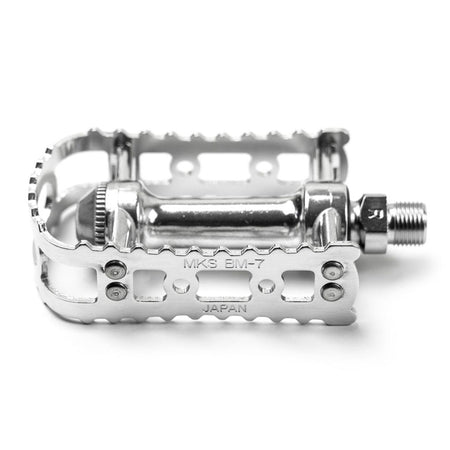MKS BM-7 BMX pedals showing alloy body and plate design, perfect for BMX cycling.