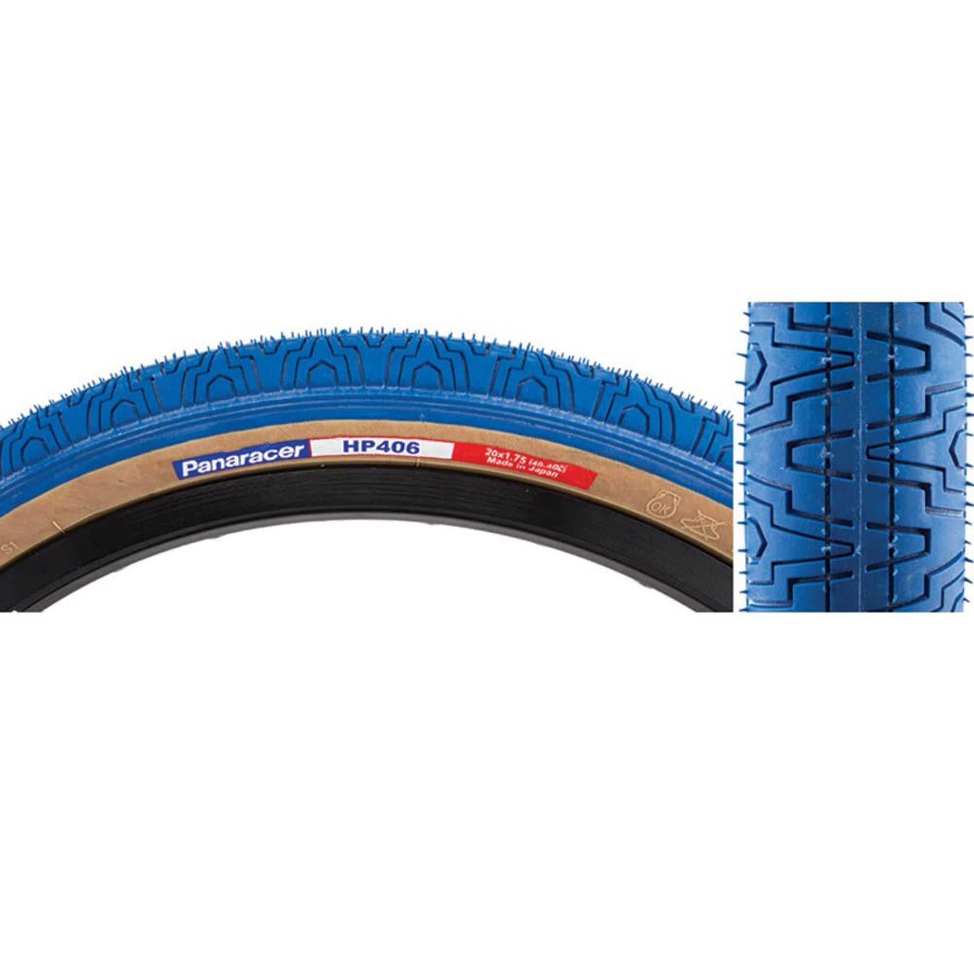 Panaracer HP406 BMX tyre 20 x 1.75 in blue with amber sidewall, showcasing tread pattern and wire bead design.
