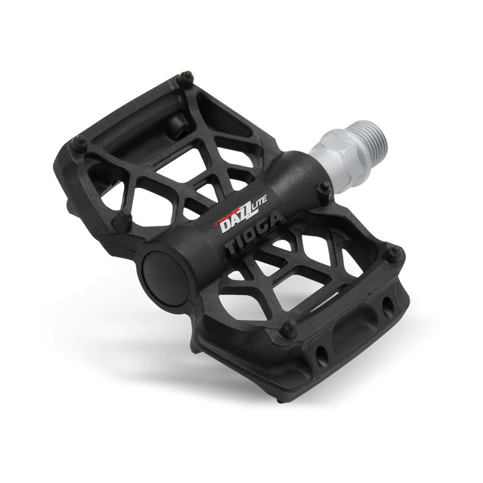 Tioga DAZZ Lite BMX pedals black showcasing a lightweight design and impact-resistant body for optimal performance.