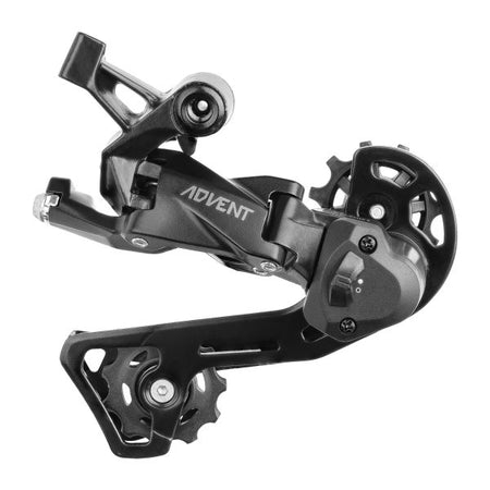 Microshift ADVENT rear derailleur showcasing its medium cage and clutch design for bike performance.