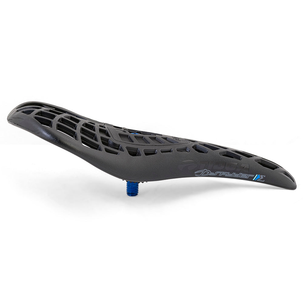Tioga D-Spyder Pivotal BMX racing saddle ergonomic comfort with a durable Carbonite shell and hollow chromoly rails.