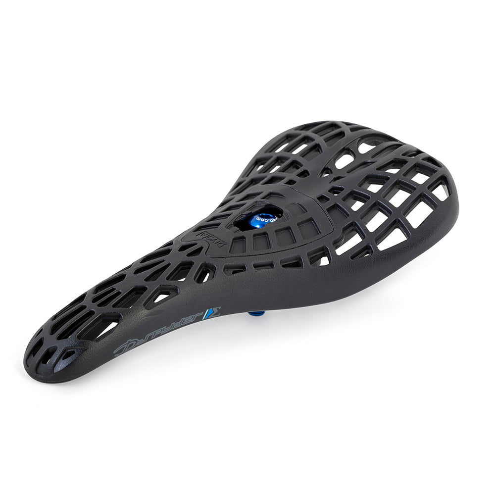 Tioga D-Spyder pivotal BMX racing saddle with ergonomic comfort, showcasing a durable Carbonite composite shell.