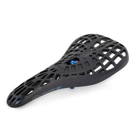 Tioga D-Spyder pivotal BMX racing saddle with ergonomic comfort, showcasing a durable Carbonite composite shell.
