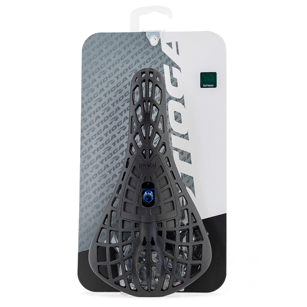 Tioga D-Spyder pivotal BMX racing saddle showcasing ergonomic comfort and durable Carbonite shell design.
