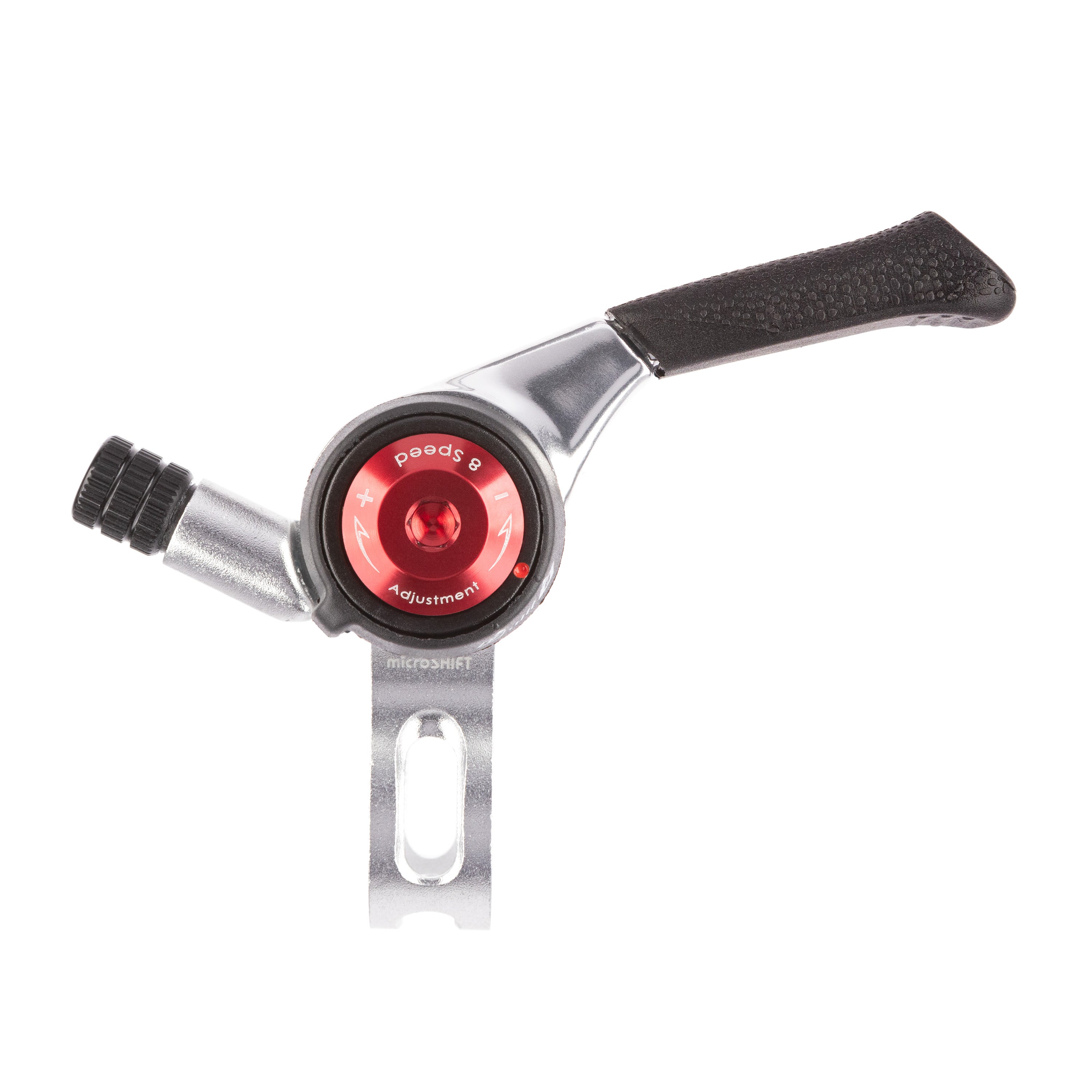 Microshift SL-T08 8 speed shimano compatible thumb shifters with an aluminum construction and red adjustment knob.