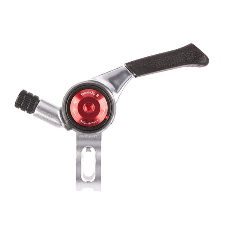 Microshift SL-T08 8 speed shimano compatible thumb shifters with an aluminum construction and red adjustment knob.