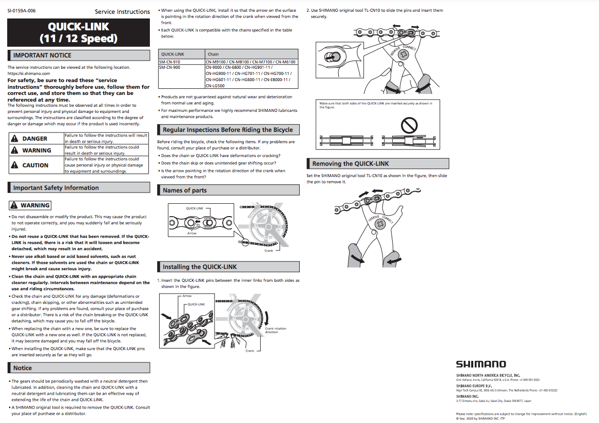 Shimano Quick Link For All 11 Speed Chains Pack of 2 SM-CN900