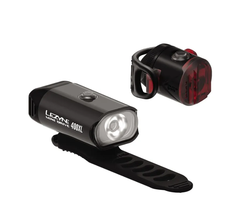 Lezyne Mini Drive 400XL Front and Femto USB Rear Light Set in Black
