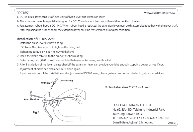 Dia-Compe 165EX 22.2.-23.8mm Canti / Side Pull / Centre Pull Extension Brake Levers In Silver / Black