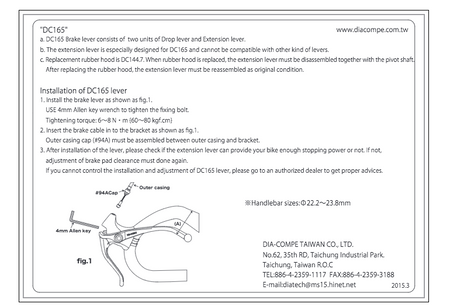 Dia-Compe 165EX 22.2.-23.8mm Canti / Side Pull / Centre Pull Extension Brake Levers In Silver / Black