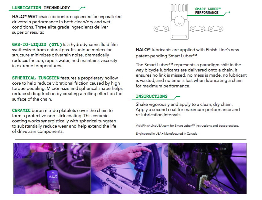 Finish Line Halo Wet Bicycle Chain Lubricant 4oz/120ml Bottle and Smart Luber