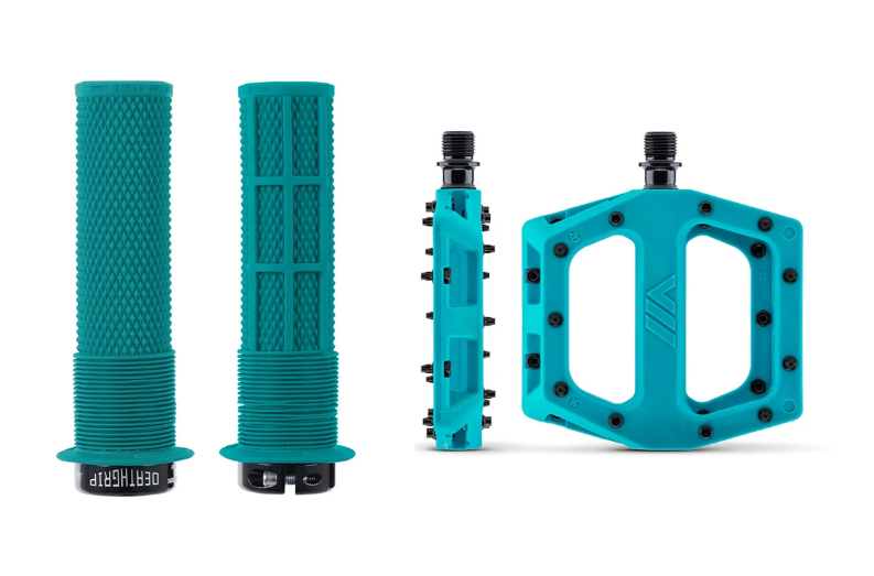 DMR V11 Pedals & Flanged Brendog Deathgrip Handlebar Grips Bundle In Turquoise