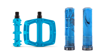 DMR MTB V6 Platform Pedals & DMR DeathGrip2 Flangeless Handlebar Grips Bundle In Blue