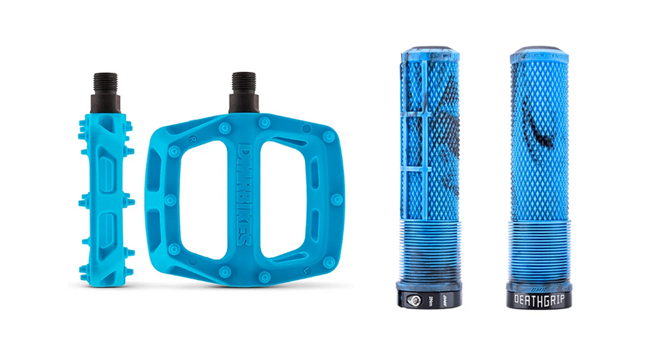 DMR MTB V6 Platform Pedals & DMR DeathGrip2 Flangeless Handlebar Grips Bundle In Blue