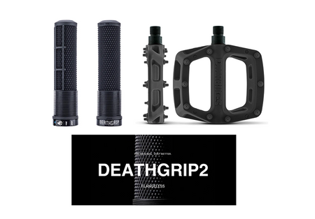 DMR MTB V6 Platform Pedals & DMR DeathGrip2 Flangeless Handlebar Grips Bundle In Black