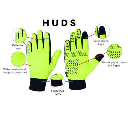 HUDS Water Resistant Cycling Winter Gloves In Black or Fluro Yellow