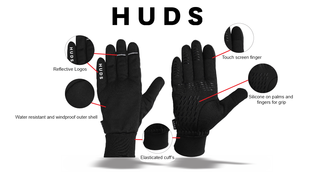 HUDS Water Resistant Cycling Winter Gloves In Black