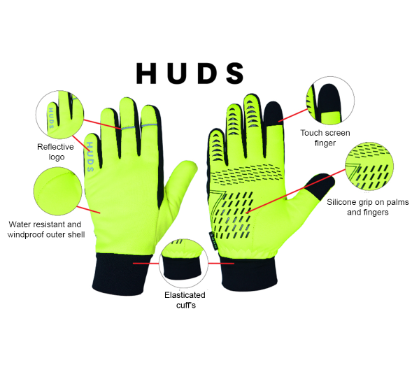 HUDS Water Resistant Cycling Winter Gloves In Fluro Yellow