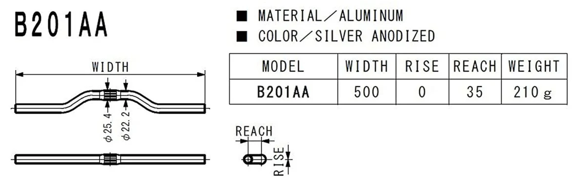 Nitto B201AA Riser City Bicycle Handlebars | 25.4mm Clamp | 500mm Width | Black