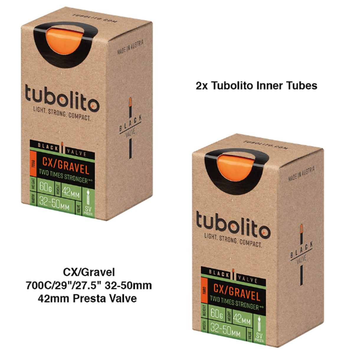 2x Tubolito Tubo CX Gravel 700C/29"/27.5" 32-50mm Presta Valve Black Inner Tubes