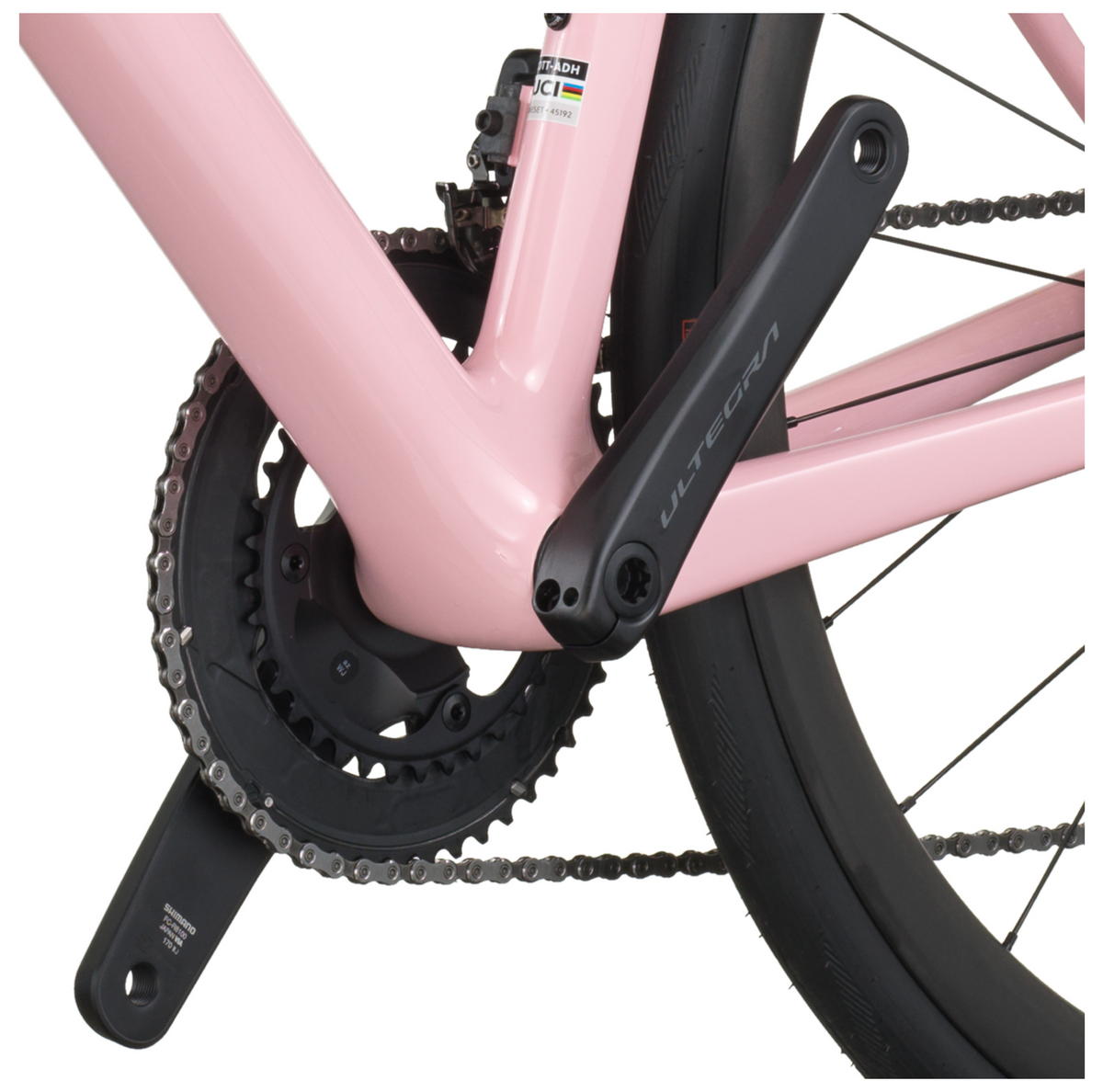 Scott Addict RC 10 Road Bike Gelato Blue Gelato Pink crankset and pedals close-up.