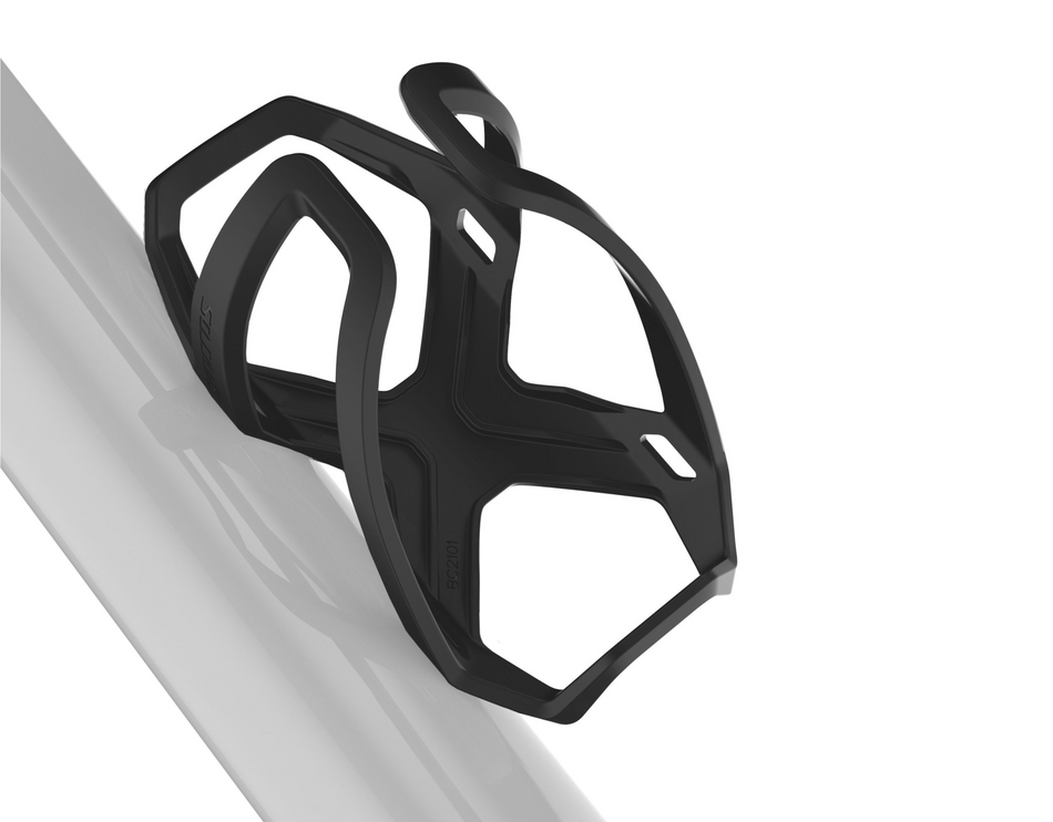 Scott SYNCROS water bottle cage in black mounted on a bike frame.