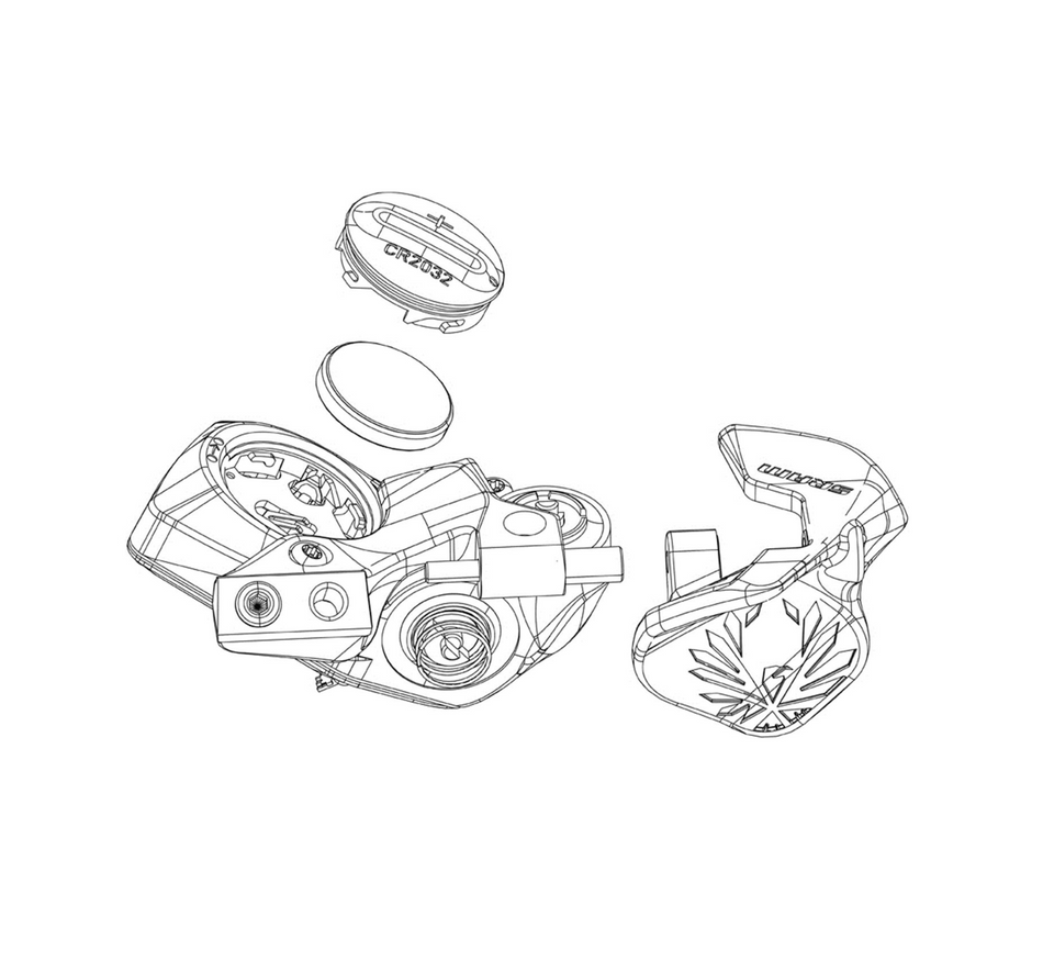 SRAM EC AXS Pod Rocker upgrade components including pin, screws, and panel in intricate design layout.