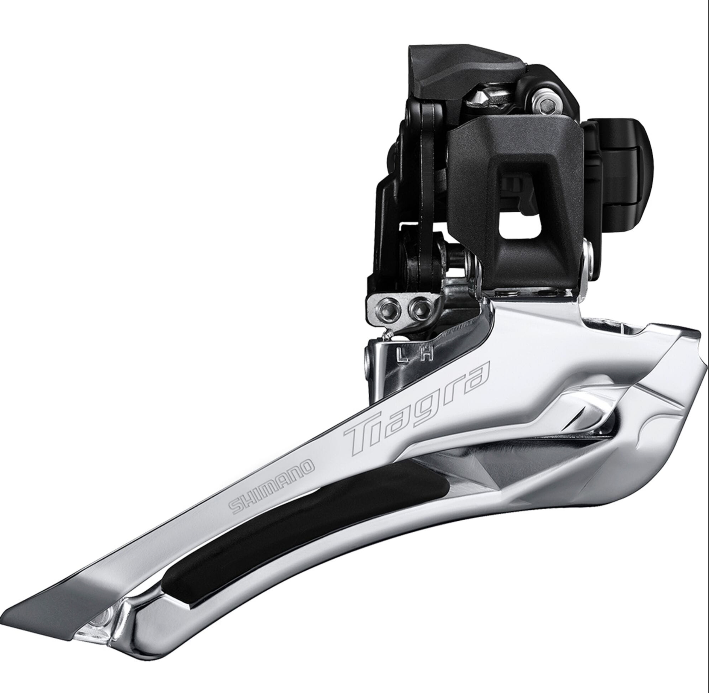 Shimano Tiagra 11 speed front derailleur with a shiny chrome finish for enhanced performance and durability.