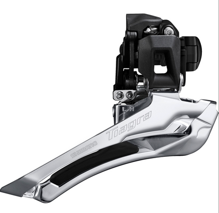 Shimano Tiagra 11 speed front derailleur with a shiny chrome finish for enhanced performance and durability.