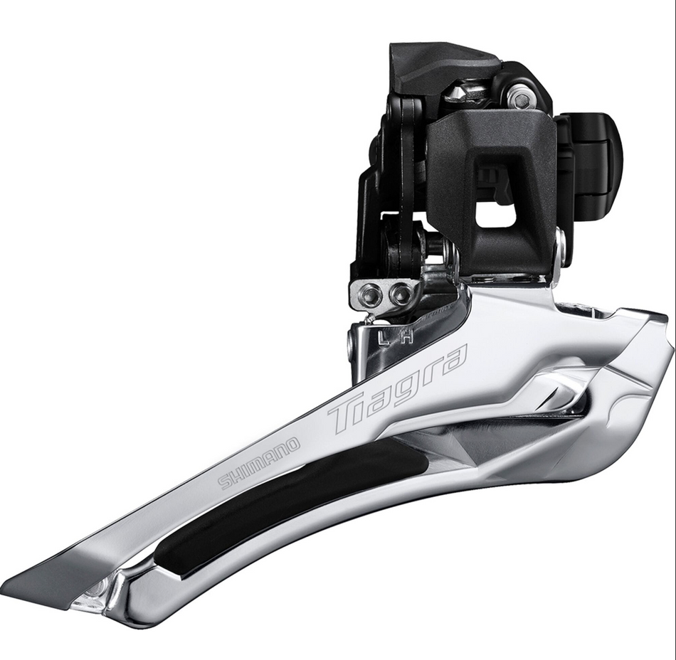 Shimano Tiagra 11 speed front derailleur with a shiny chrome finish for enhanced performance and durability.