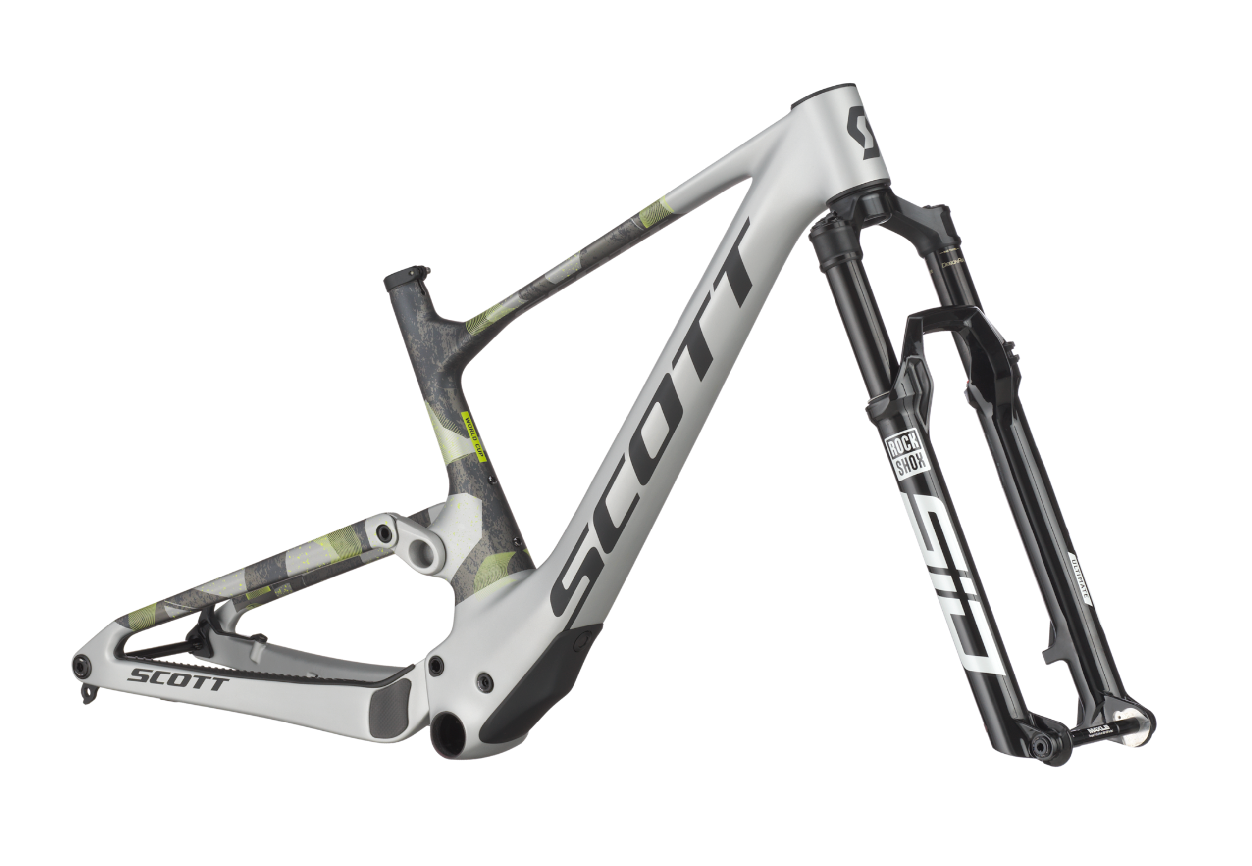 Scott Spark RC World Cup mountain bike frame in Ice Grey Progressive Grey with RockShox fork.