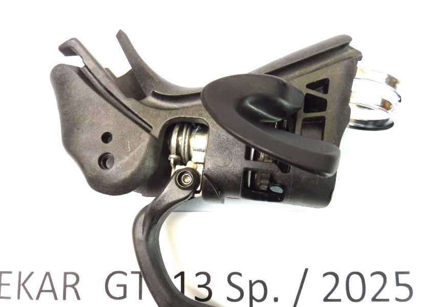 Campagnolo EKAR GT 13 speed right hand shifter body shown from the side, highlighting detailed mechanism and design.