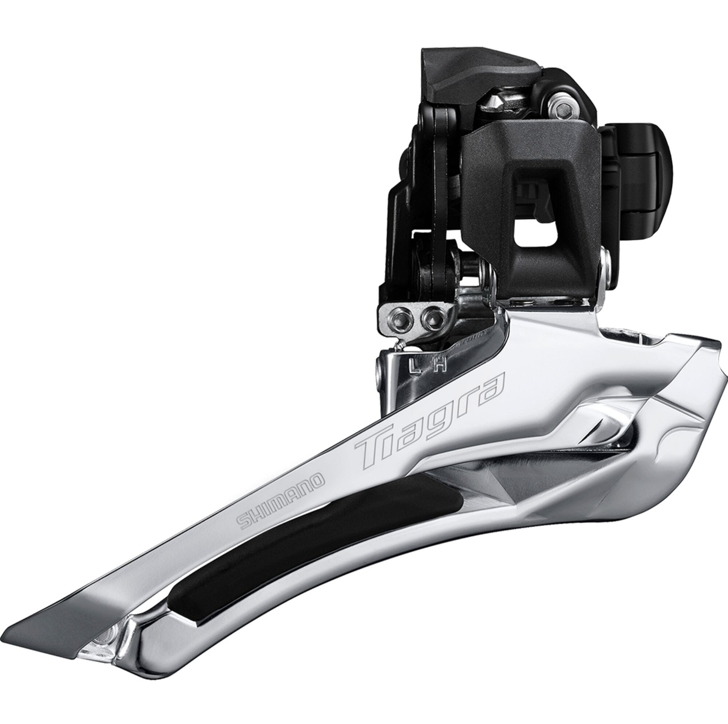 Shimano Tiagra 11 speed front derailleur with aluminum links for improved rigidity and shifting response.
