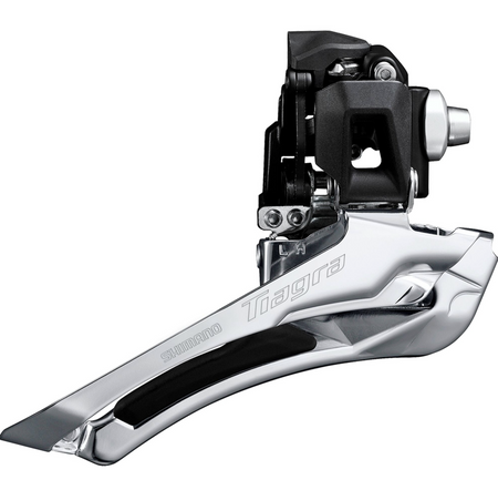 Shimano Tiagra 11 speed front derailleur showcasing sleek design and advanced shifting technology.