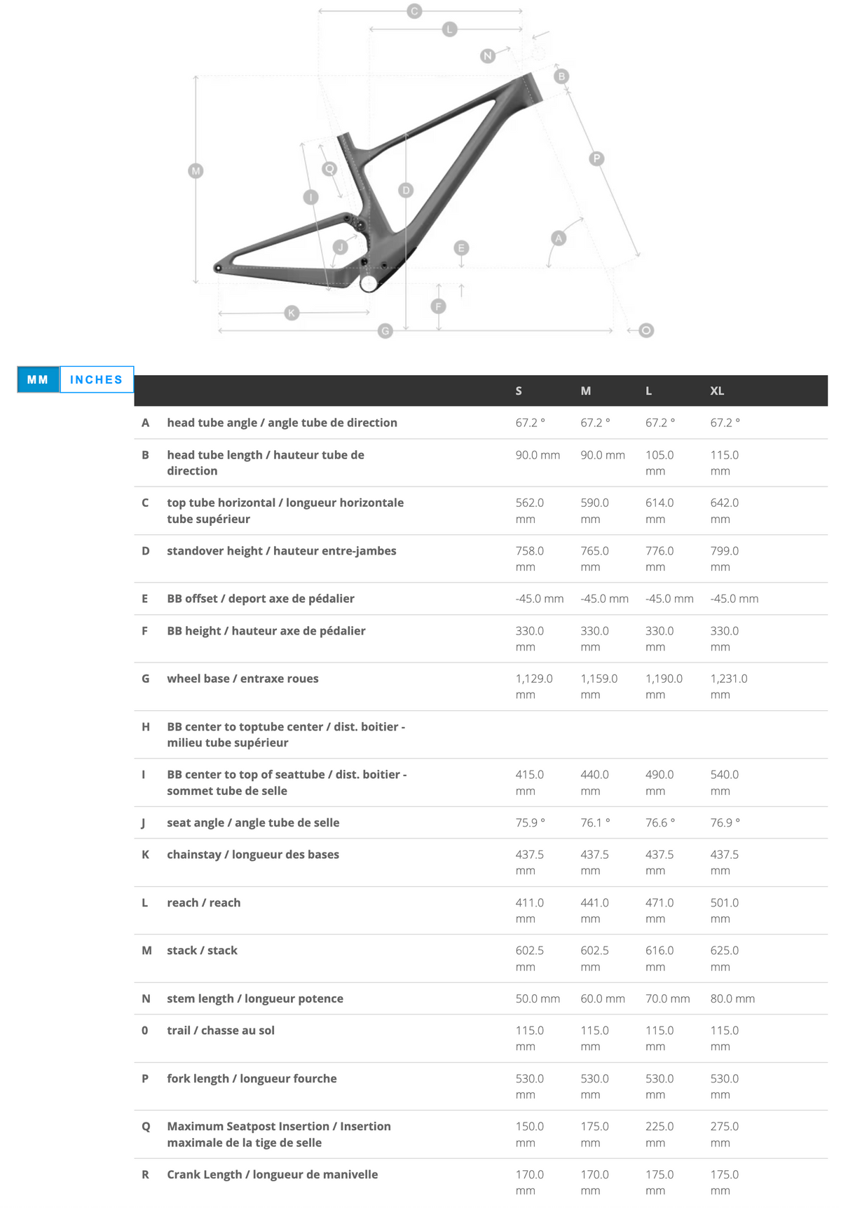 Scott Spark RC World Cup mountain bike frame geometry specifications and measurements chart