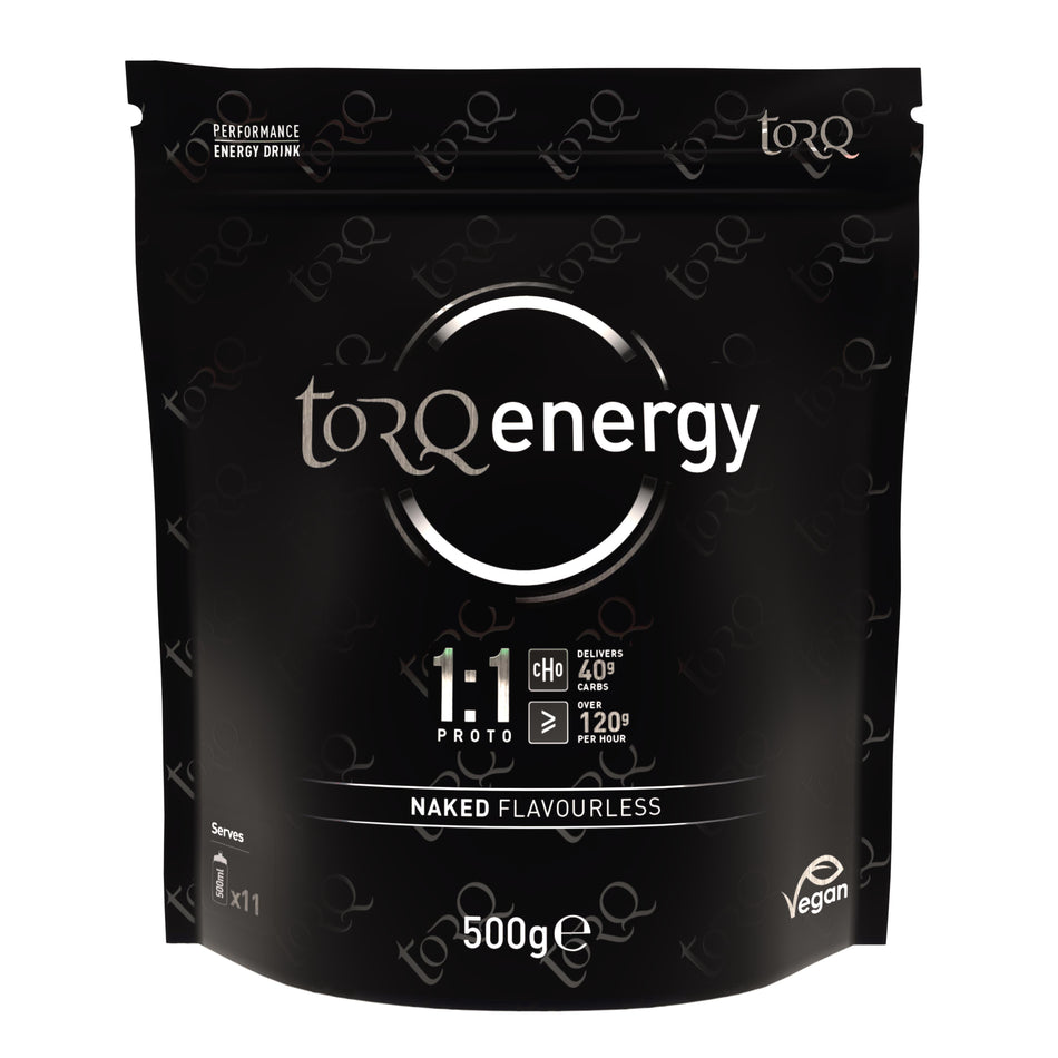 TORQ energy drink for endurance athletes 500G pouch black packaging with naked flavourless label