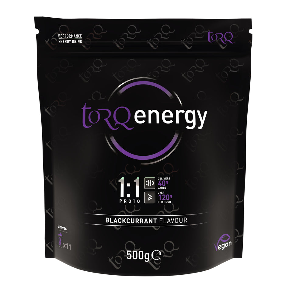 TORQ energy drink for endurance athletes 500G pouch in blackcurrant flavour for optimal performance.