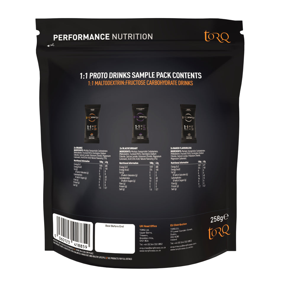 TORQ energy drink sachet sampler pack back packaging with nutritional information and flavors listed.