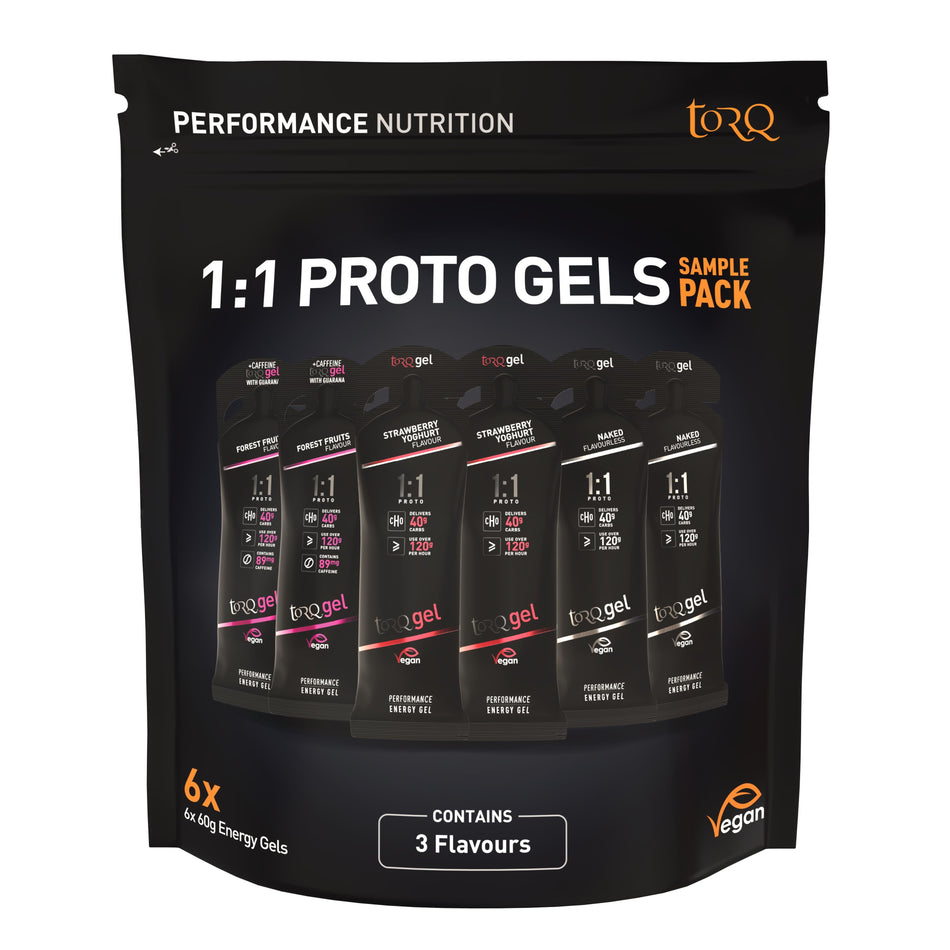 TORQ energy gel sampler pack featuring 6 1:1 Proto Gels in various flavors for optimal athletic performance