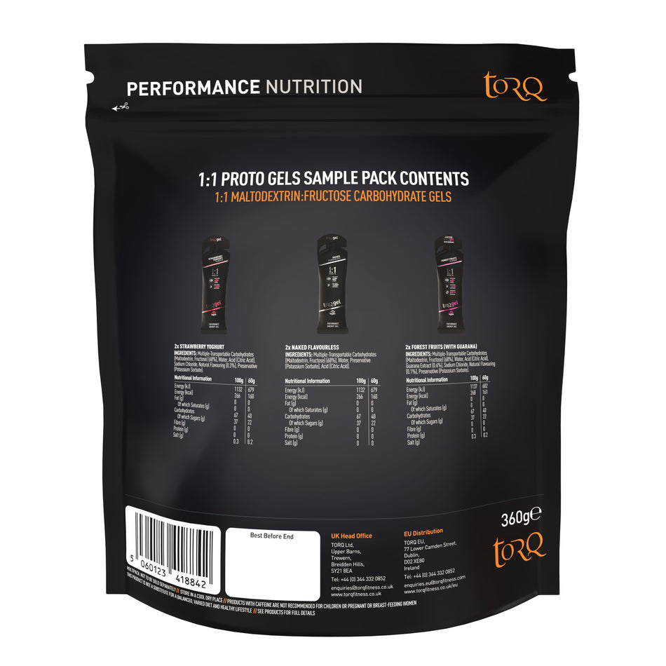 TORQ energy gel sampler pack back packaging displaying sample gel contents and nutritional information