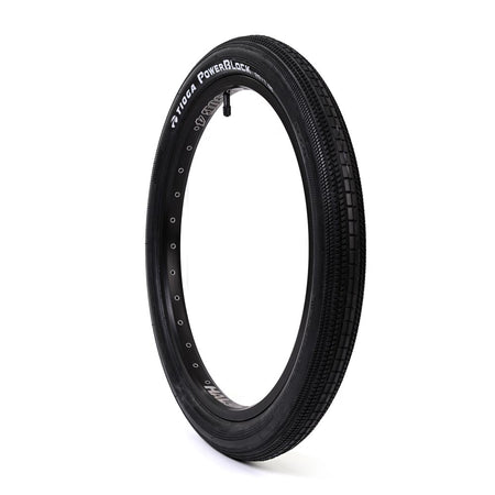 Tioga Powerblock 20 inch BMX wired tyre showcasing a slick centre profile and ribbed cornering tread for optimal speed.