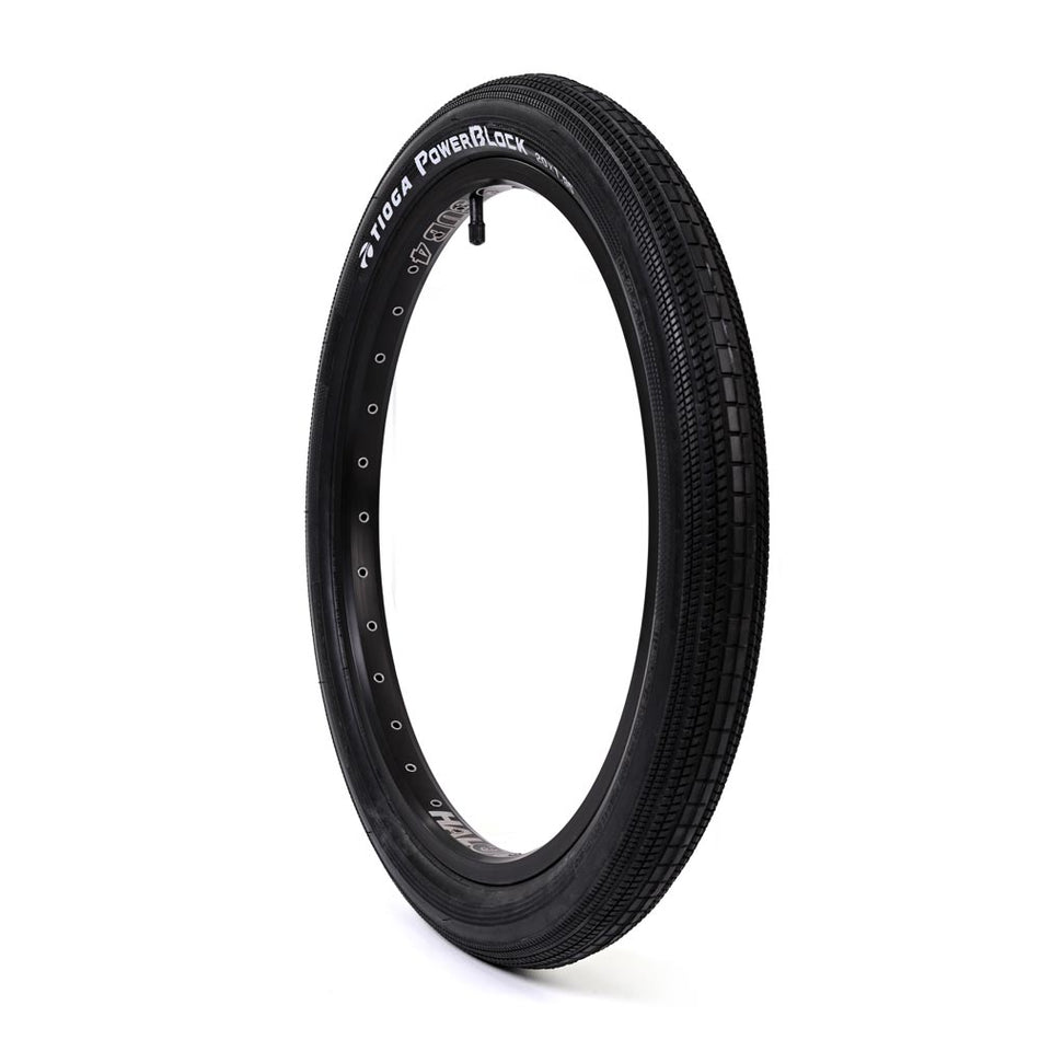 Tioga Powerblock 20 inch BMX wired tyre showcasing a slick centre profile and ribbed cornering tread for optimal speed.