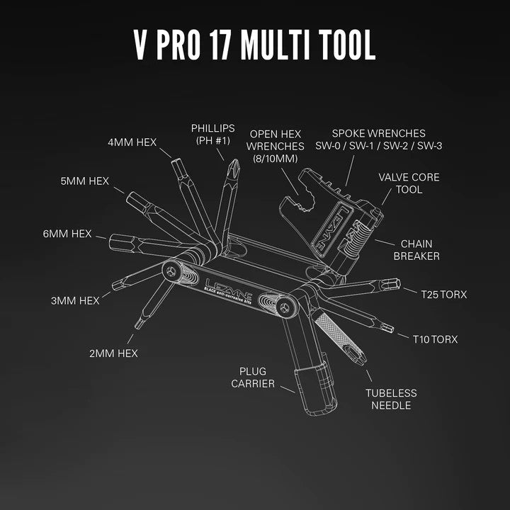 Lezyne V Pro 17 Compact Multi Tool For All Bikes With Tubeless Tool With Black Anti-Corrosion