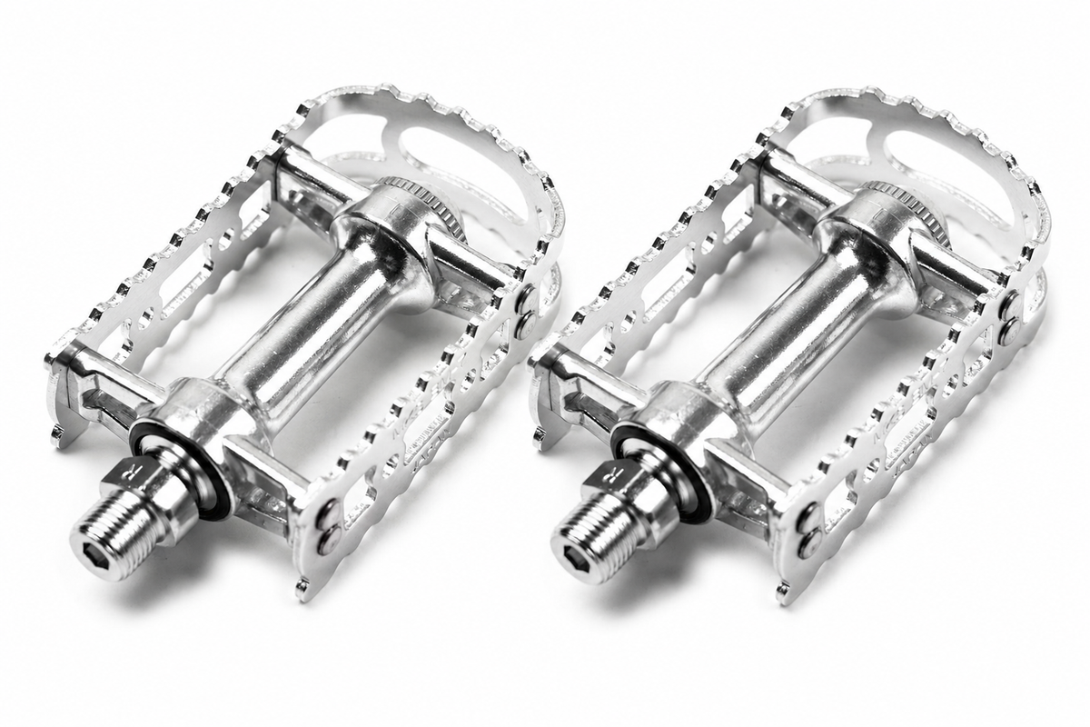 MKS BM-7 BMX pedals featuring alloy body and plate, showcasing a shiny silver design and sturdy construction.