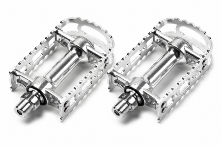 MKS BM-7 BMX pedals featuring alloy body and plate, showcasing a shiny silver design and sturdy construction.