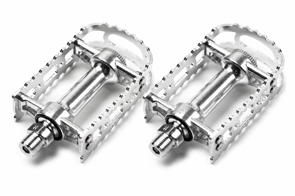 MKS BM-7 BMX pedals featuring alloy body and plate, showcasing a shiny silver design and sturdy construction.
