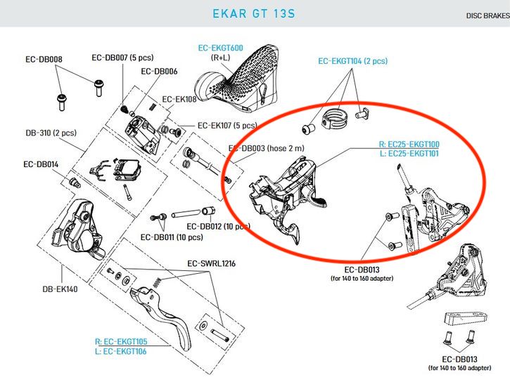 Campagnolo EKAR GT 13 speed right hand shifter body assembly diagram highlighting EC25-EKGT100.