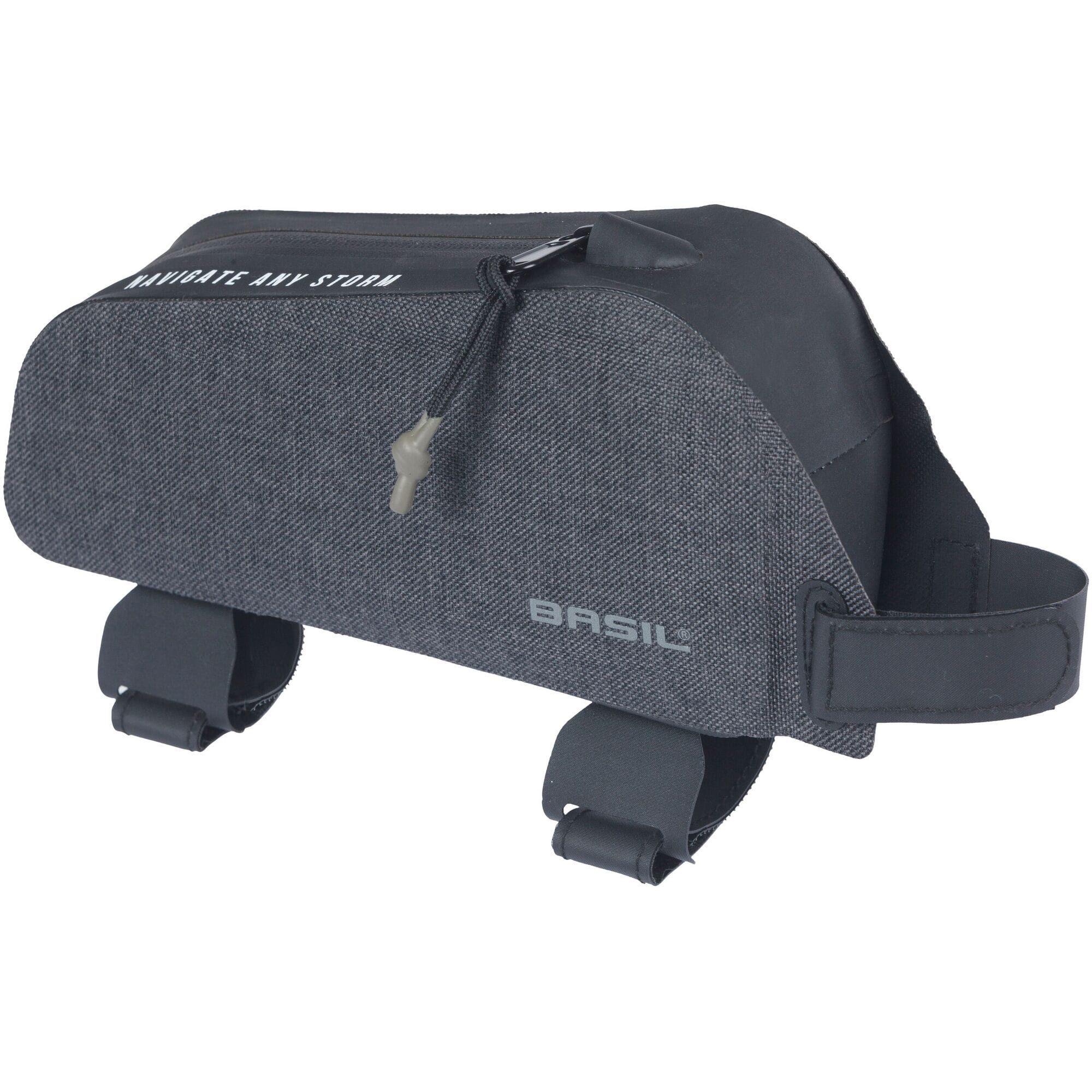 Basil Navigator Storm waterproof top tube bike bag in black color, designed for compact bicycle storage.