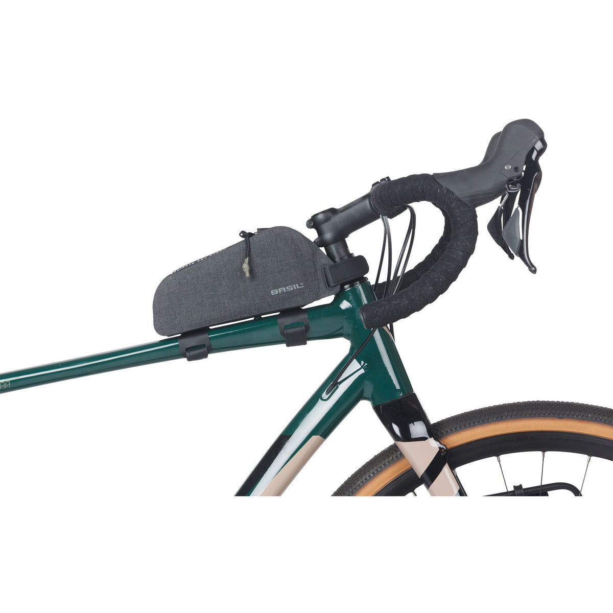 Basil Navigator Storm waterproof top tube bike bag on a bicycle frame in black and green.