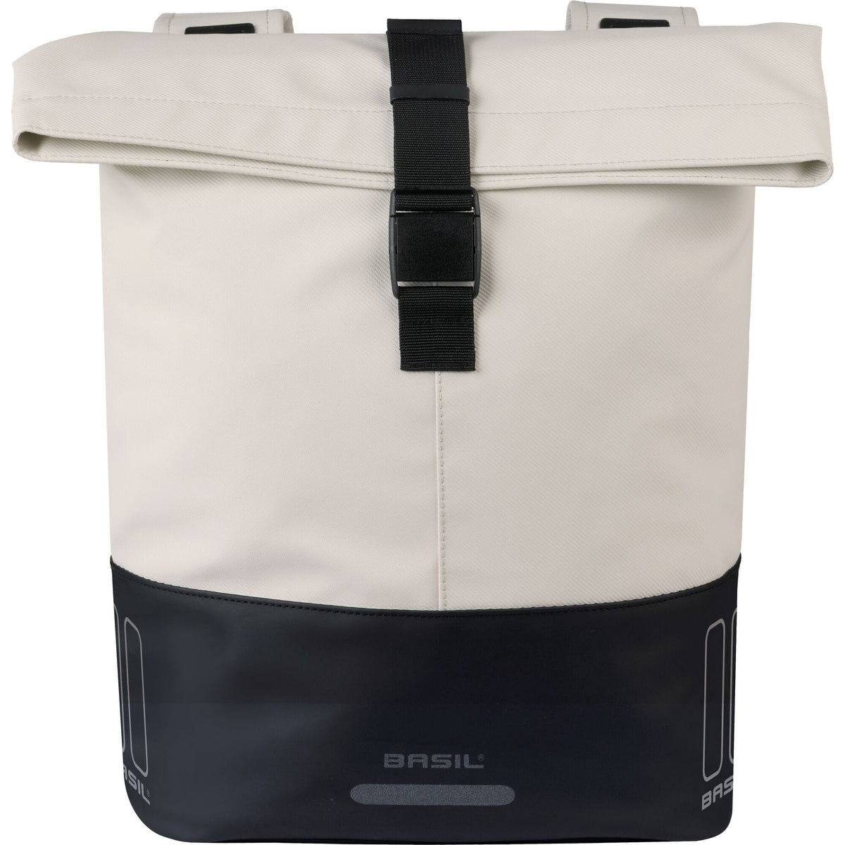 Basil Cove double pannier bag in off-white and black, stylish and functional for daily bike use.